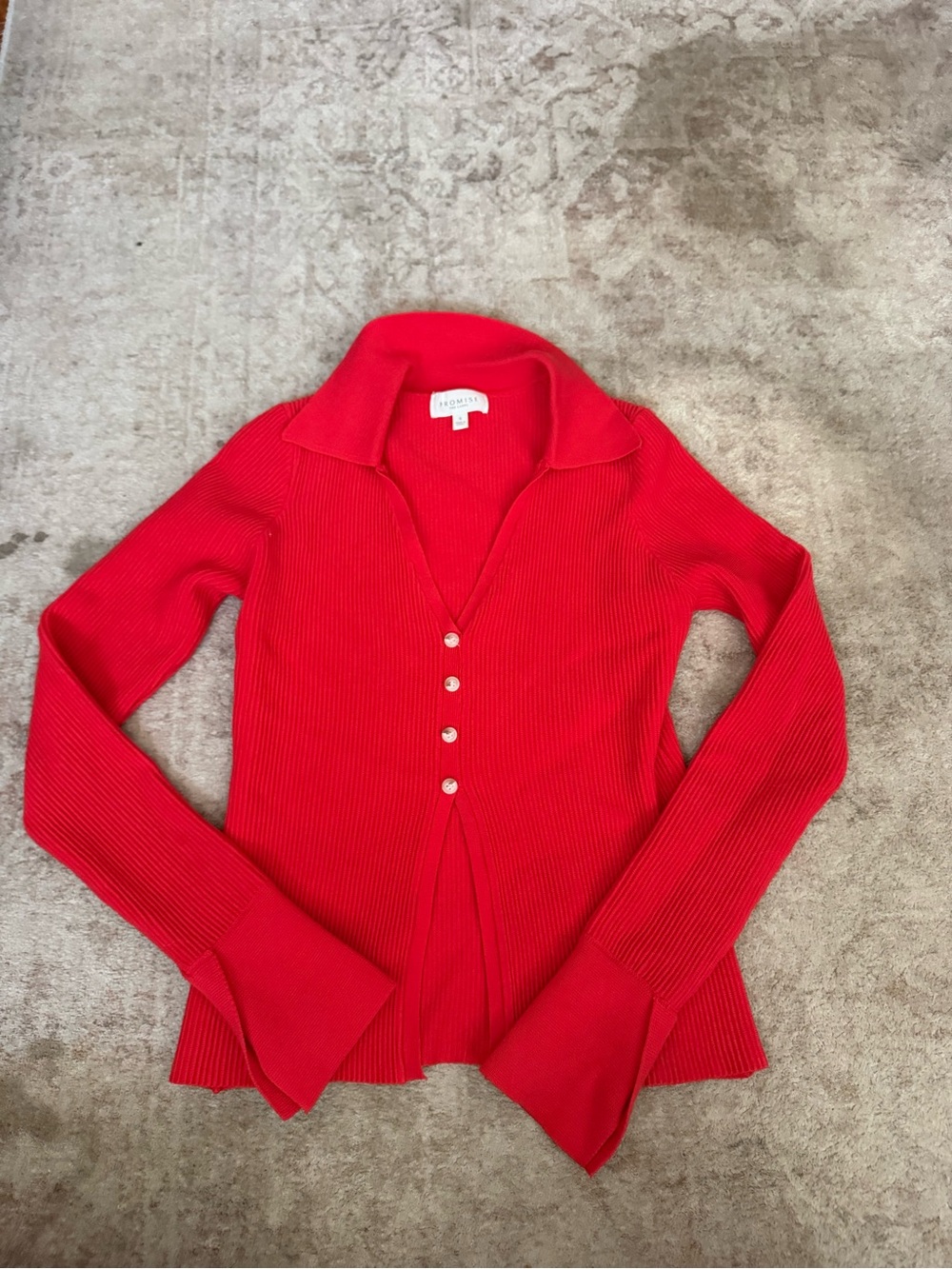 TSE Women s Red Ribbed Collared Button-Up Top